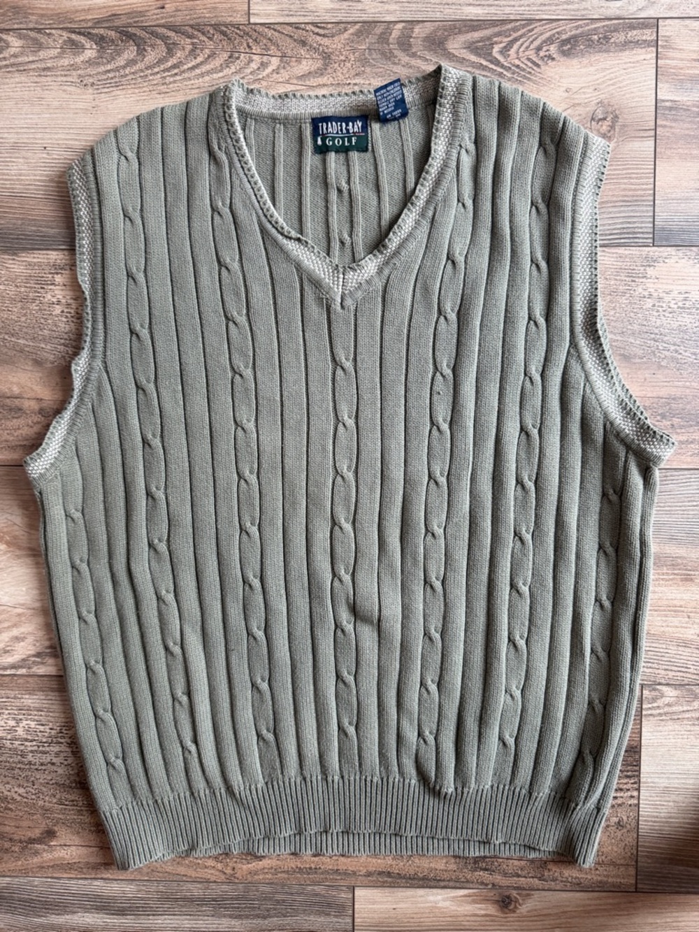 Trader Bay‎ Golf Cable Knit Sweater Vest Mens Large Olive Green V-Neck Cotton